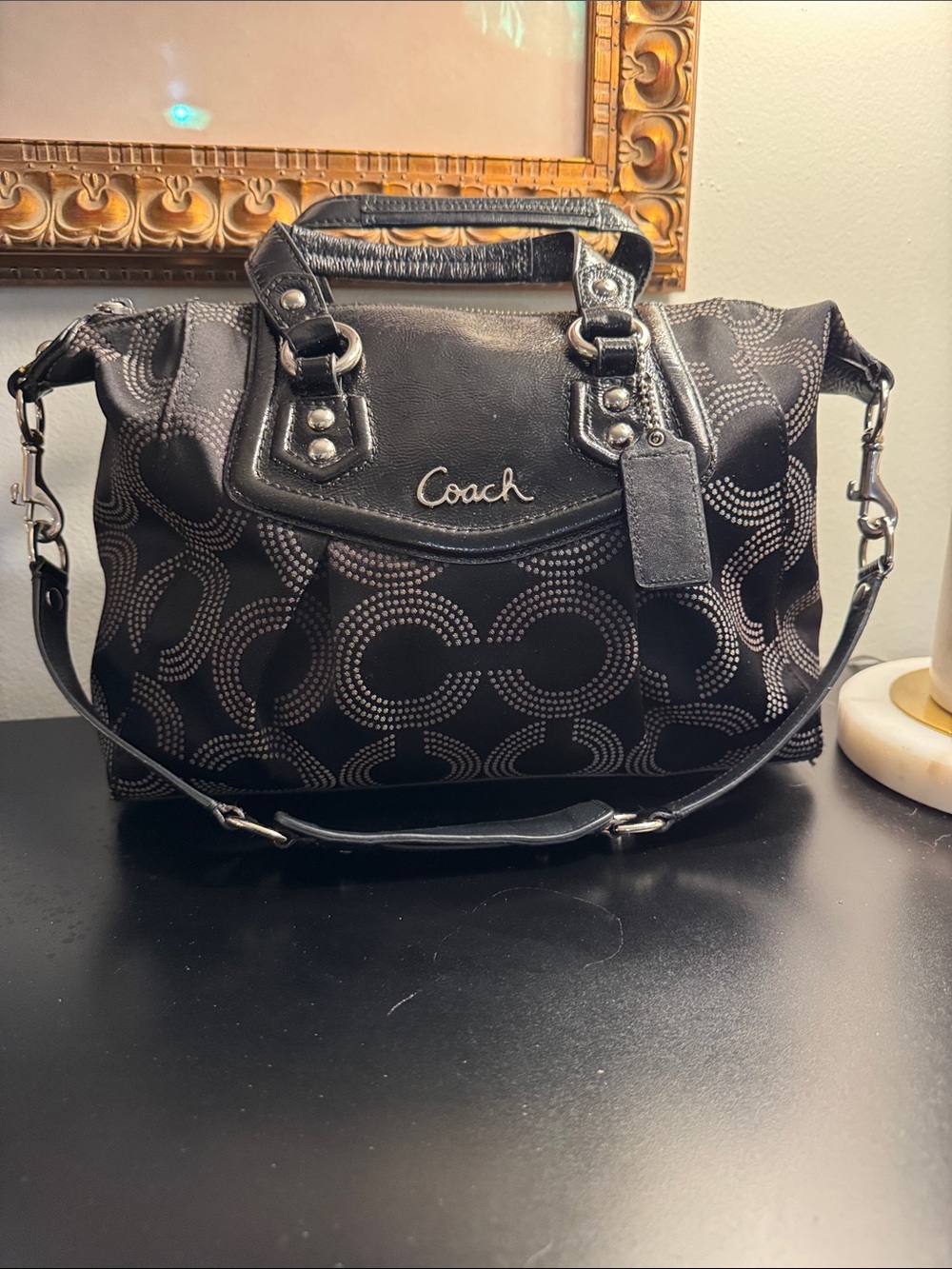Coach Black Ashley Dotted OP Art Satchel with Silver-Tone Hardware